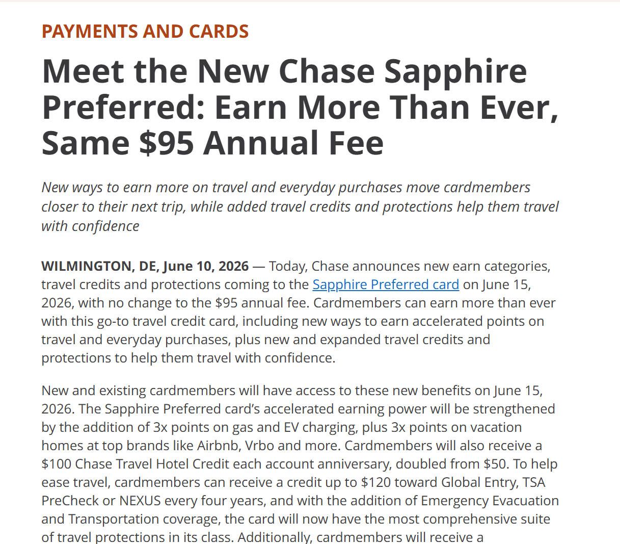 Chase Sapphire Preferred 2026年6月改动公告