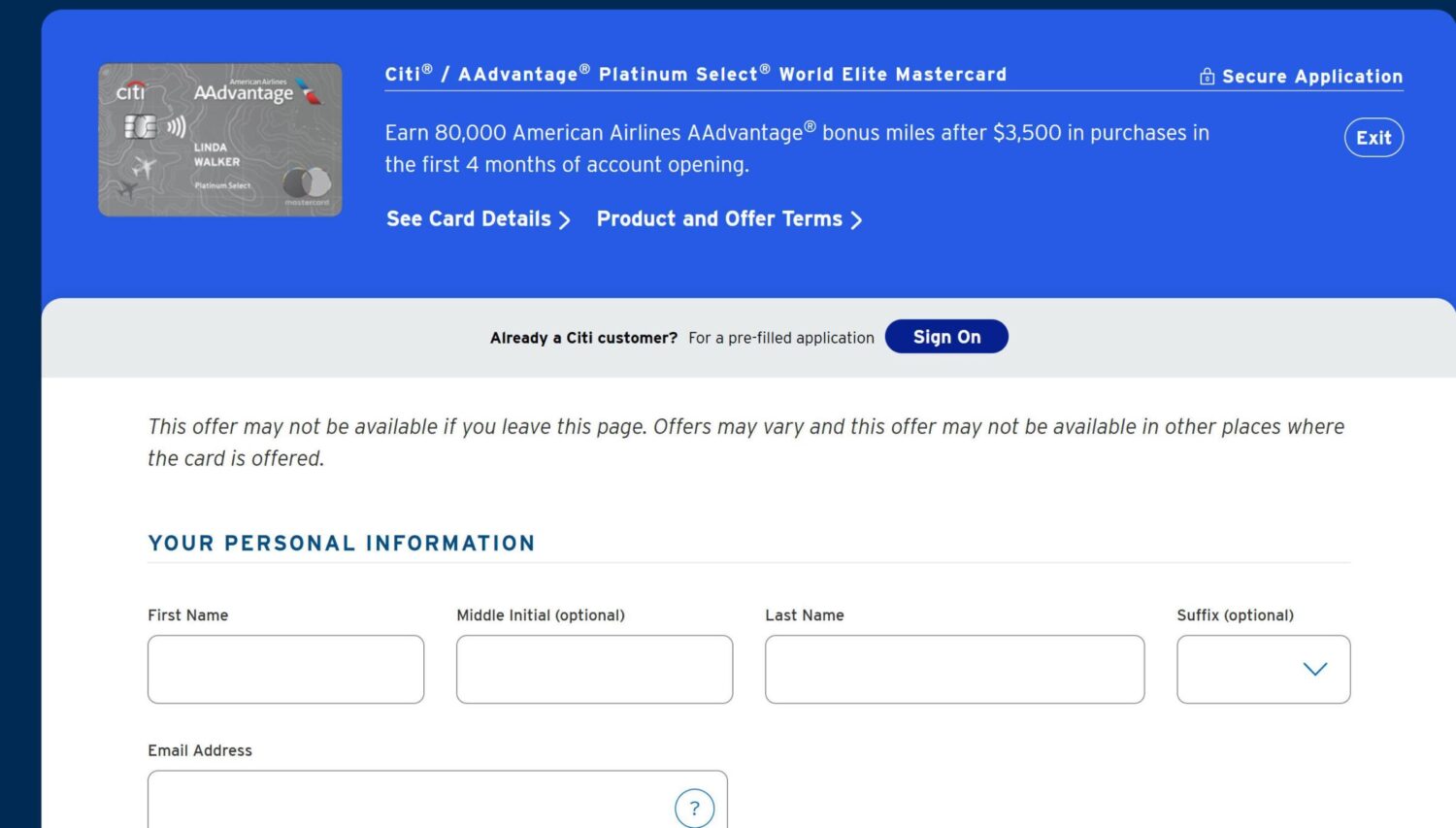 Citi AAdvantage Platinum 80,000 开卡奖励页面截图